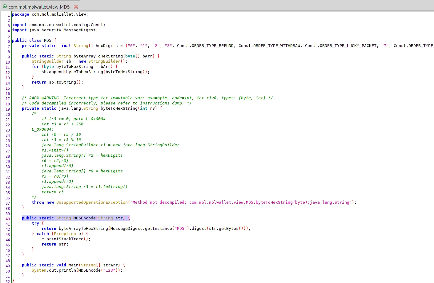 Decompiled Java source in jadx-gui showing the MD5 class and its byteArrayToHexString/MD5Encode methods