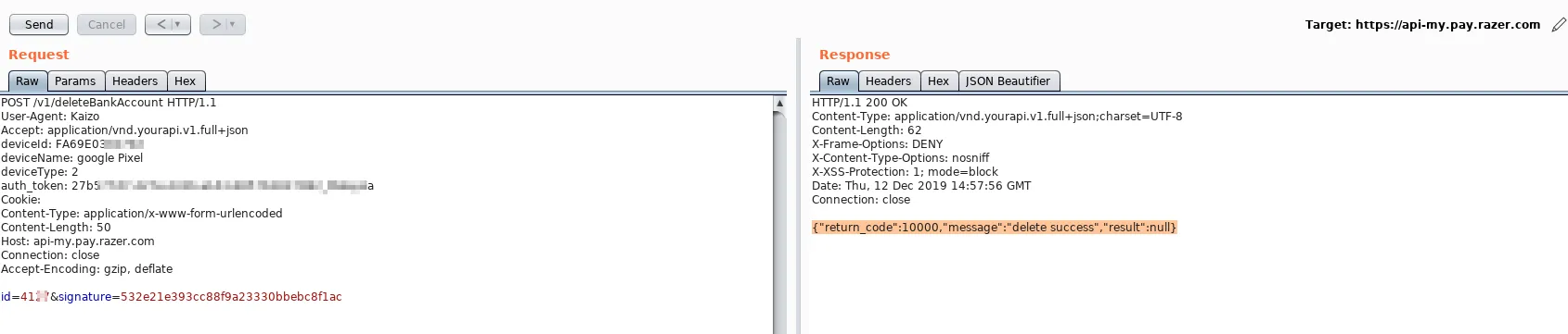 Burp Suite request and response for the deleteBankAccount endpoint, showing the id and signature parameters